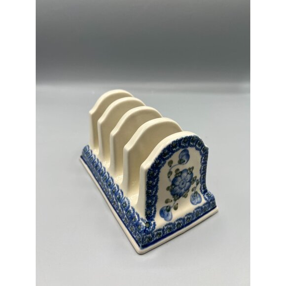 Boleslawiec Polish Ceramic Blue Floral Toast Rack Holder 4 slices or Mail Sorter - Picture 3 of 11